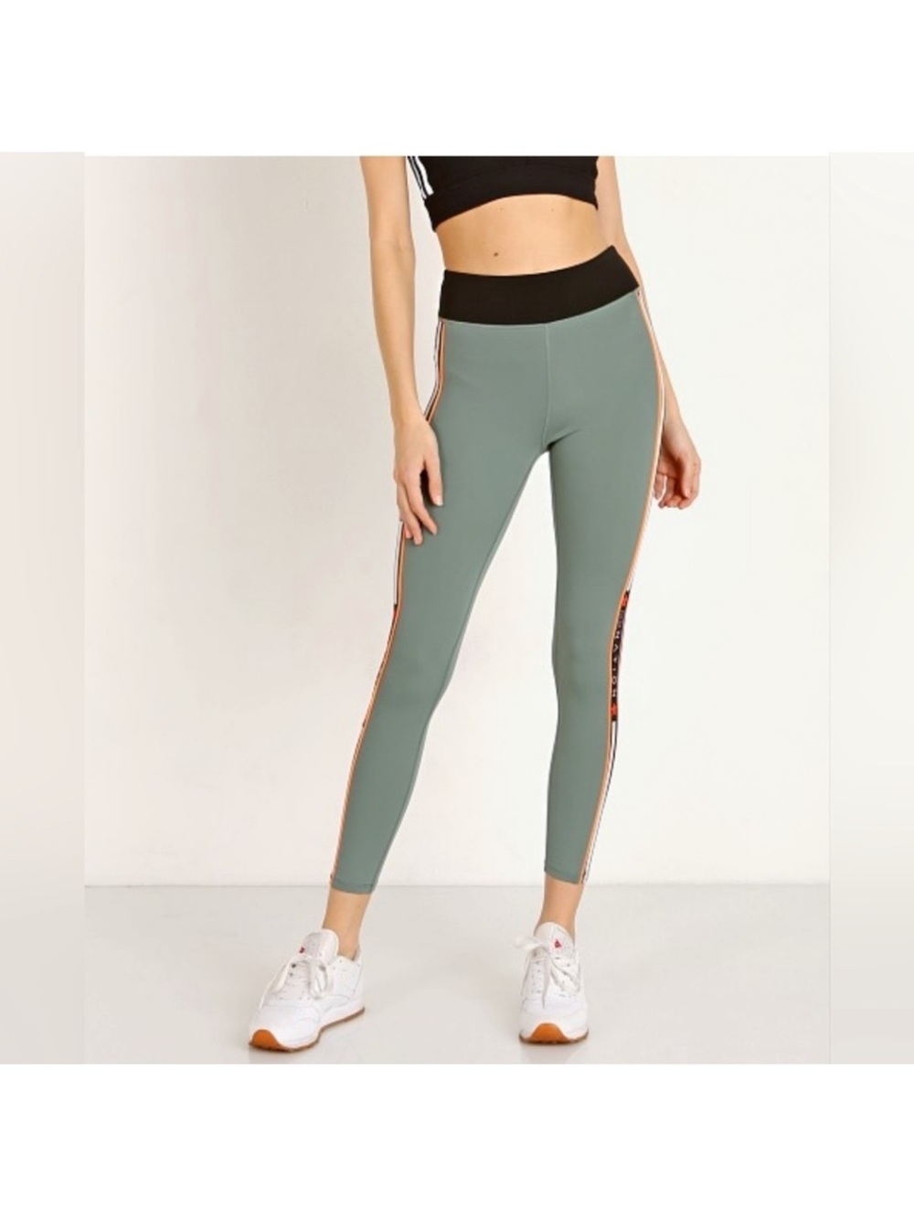 High-Waist Sage Green Ankle Leggings with Side Stripe
